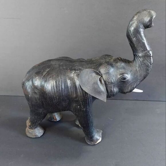 Vintage Hand Crafted Leather Wrapped Elephant With Tusks Figurine Lucky Trunk Up - Picture 1 of 8